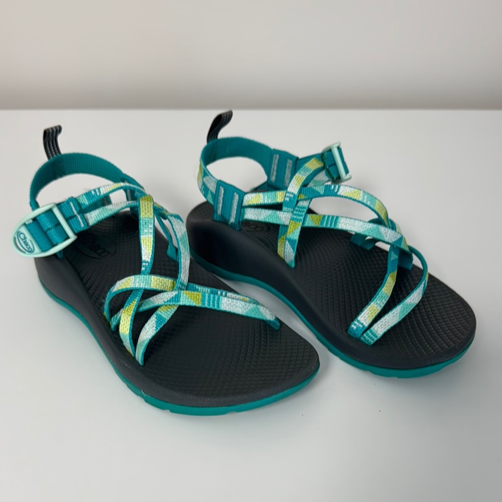 Chaco Teal and Yellow Patterned Sandals
